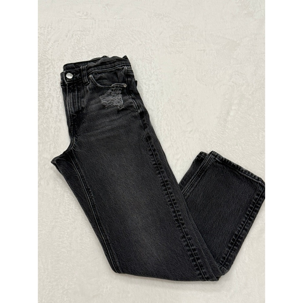 American Eagle Black Distressed Straight Leg High Rise Stretch Jeans